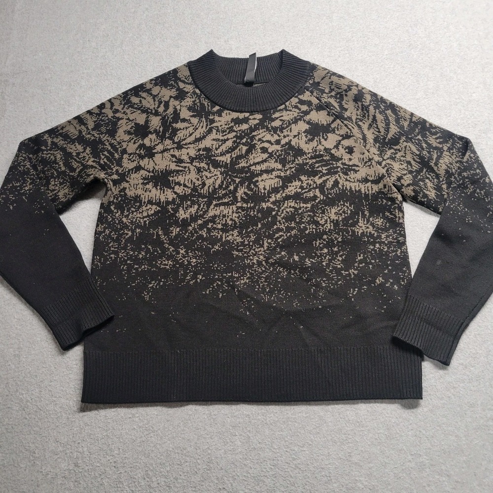 Athleta XXS Black Tan Abstract Floral Merino Wool Blend Crew Neck‎ Sweater